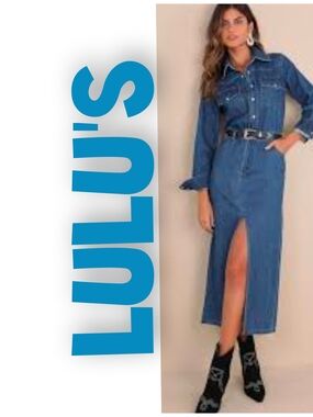 Lulu's Blue Denim Shirt Midi Dress with Front Slit Size XS